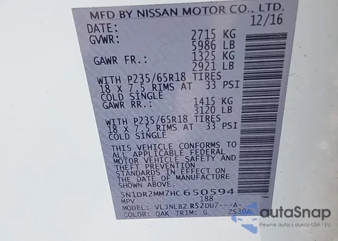 2017 Nissan Pathfinder S из США, поврежденный, VIN 5N1DR2MM7HC650594